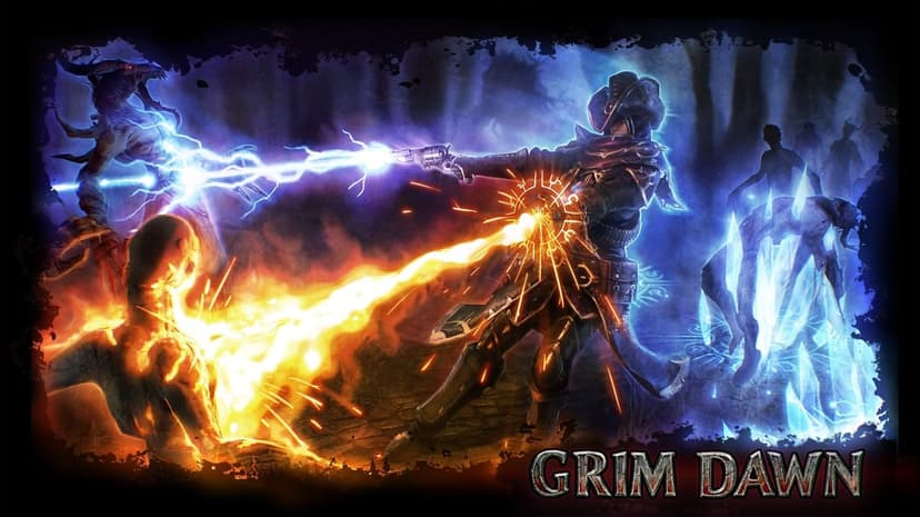 Hero firing blue lightning and orange fire at monsters in a dark forest battle from the game Grim Dawn.