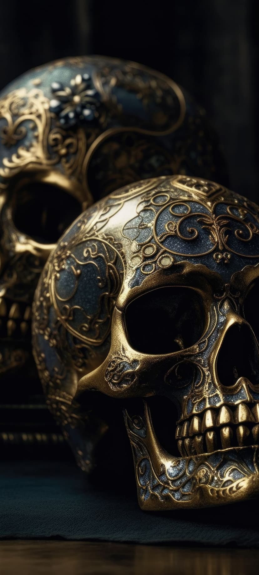 Golden skulls with intricate filigree and blue textures feature detailed carvings on a dark vertical background.
