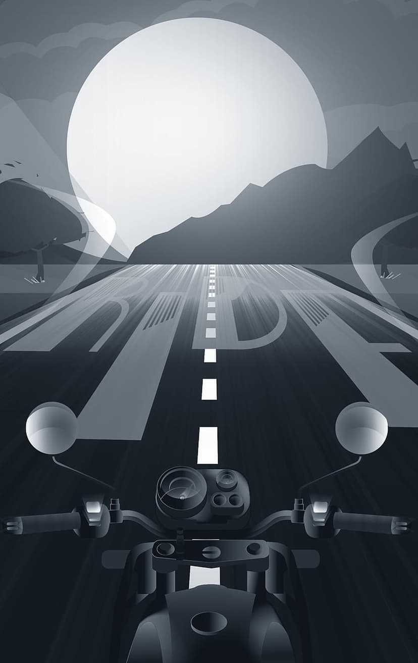 Motorcycle handlebars overlook a straight runway toward a massive glowing moon and dark mountain silhouettes.