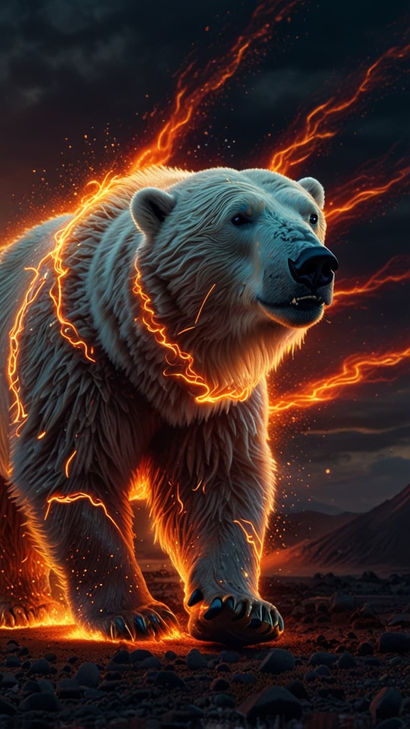 Polar bear roaring with glowing orange energy and sparks against a dark stormy sky and jagged mountain rocks.