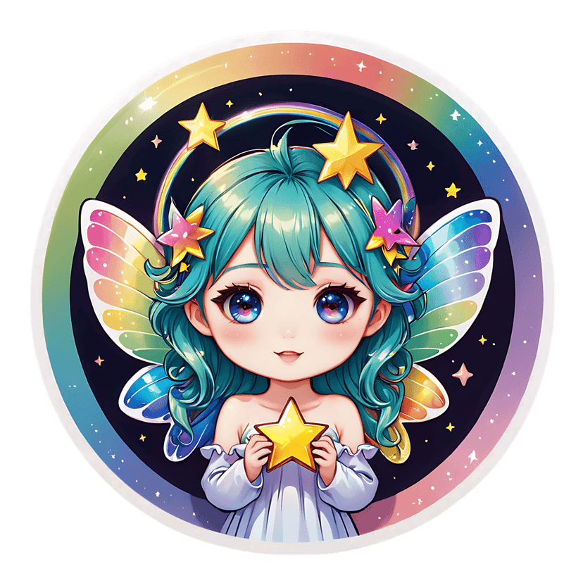 Chibi fairy with blue-green hair holding a golden star features rainbow wings against a dark circular sky.