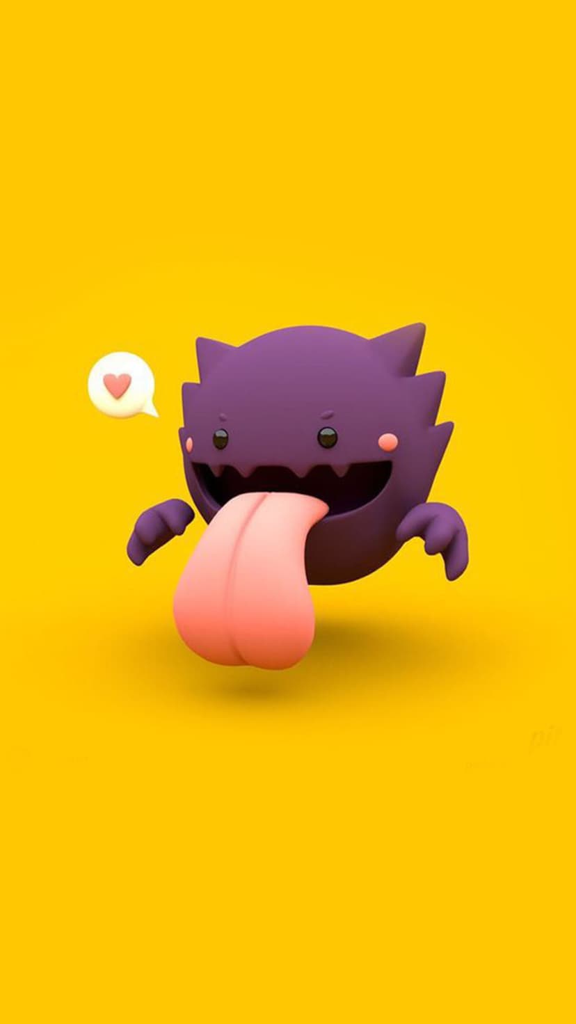Purple Gengar with a long pink tongue stands next to a small heart speech bubble against a solid yellow background.