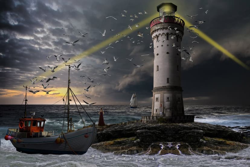 Lighthouse beacon illuminates a fishing boat amidst crashing waves and circling seagulls under a dark stormy sky.