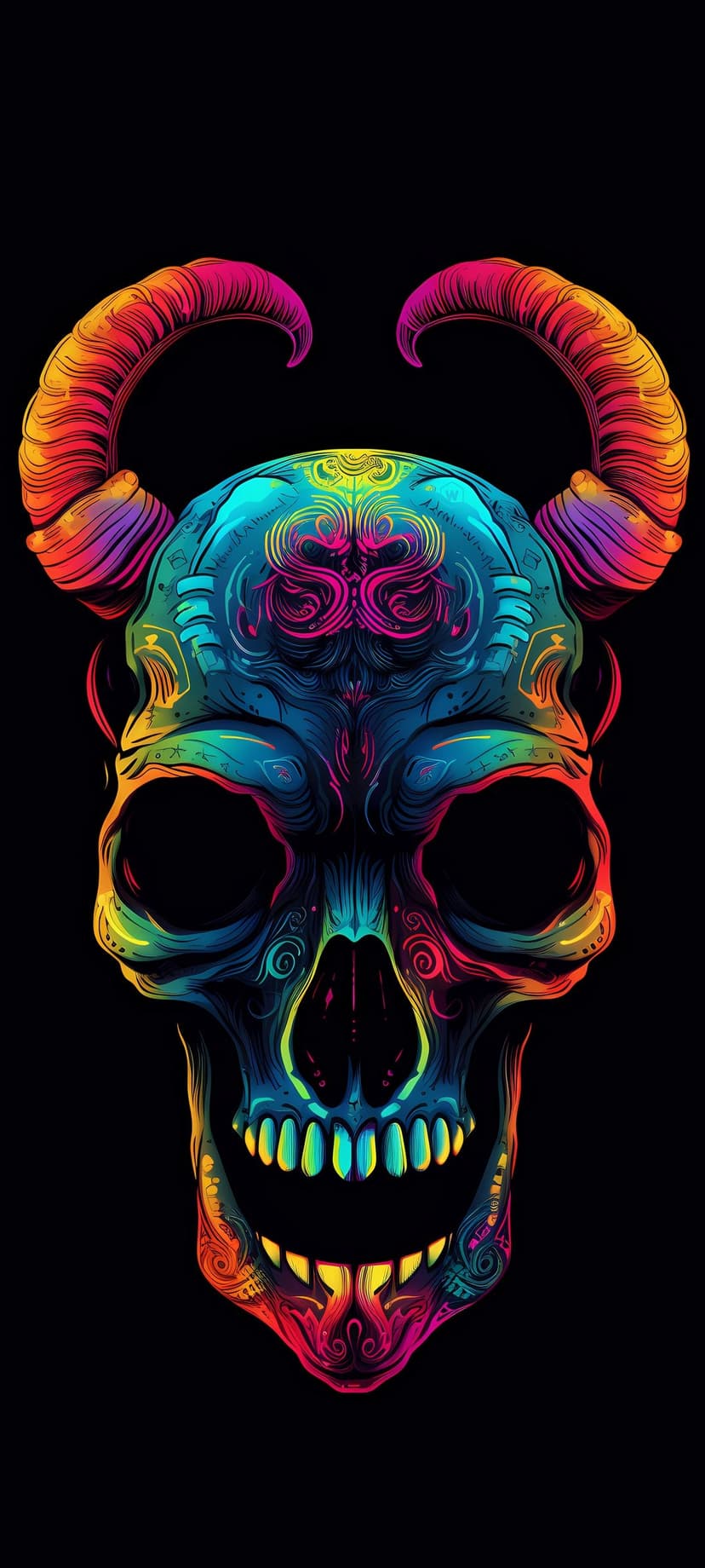 Skeletal ram head with intricate glowing neon pink and blue filigree patterns on a solid black backdrop.