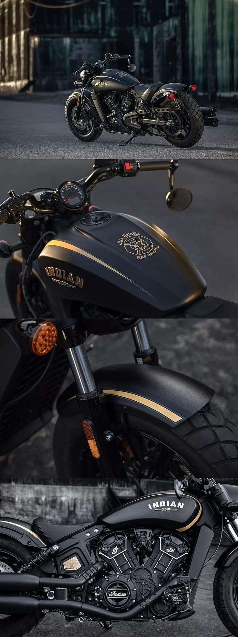 Black Indian Scout motorcycle with gold pinstripes on the tank and chrome engine details in a close-up.