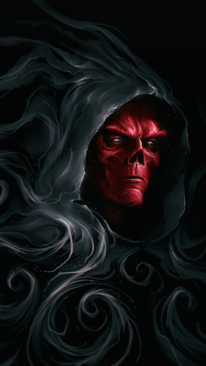 Red glowing skull visage under a dark hood surrounded by wisps of grey smoke against a black background.