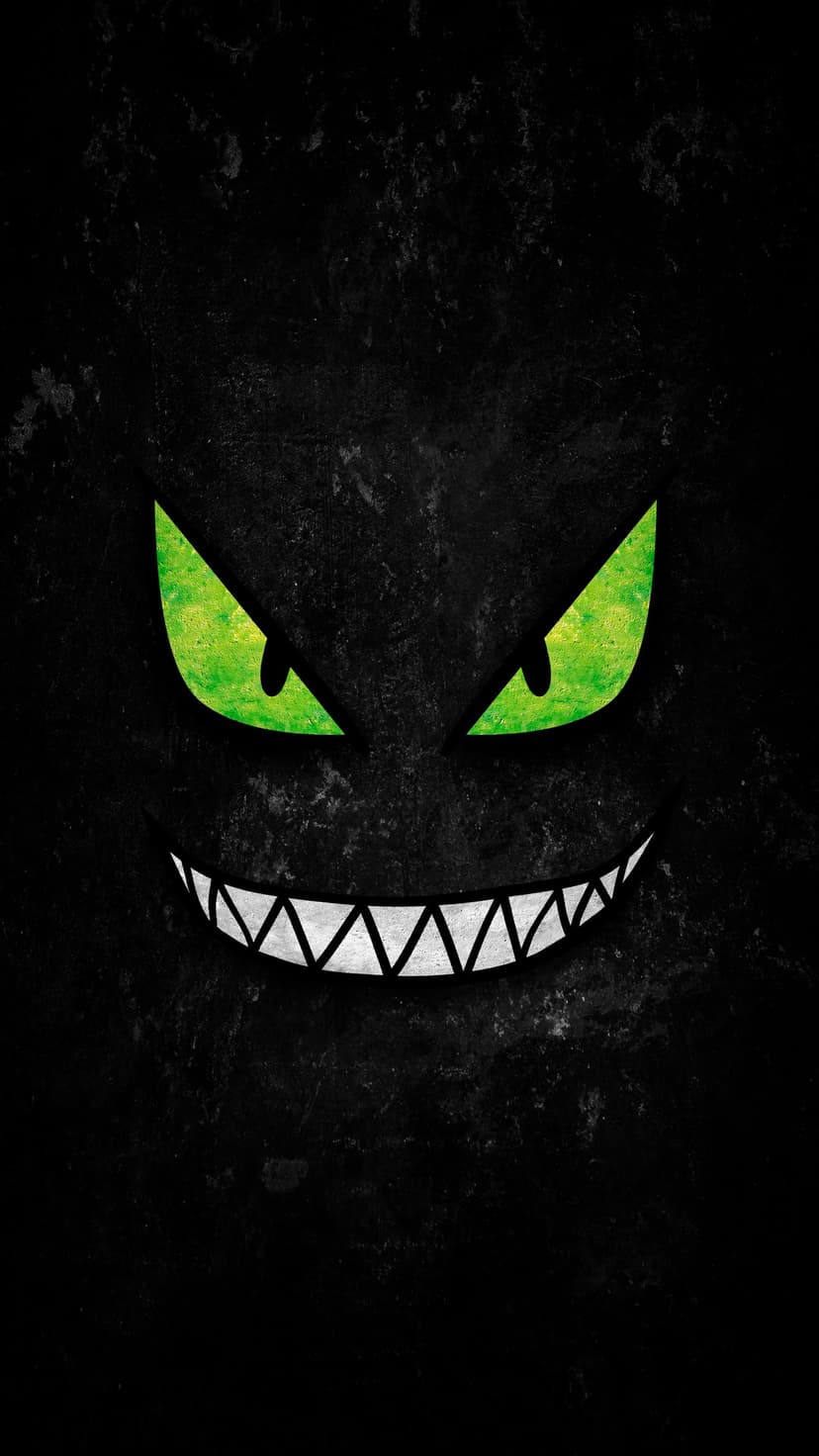 Monster face with glowing green eyes and jagged white teeth against a textured black background in portrait view.