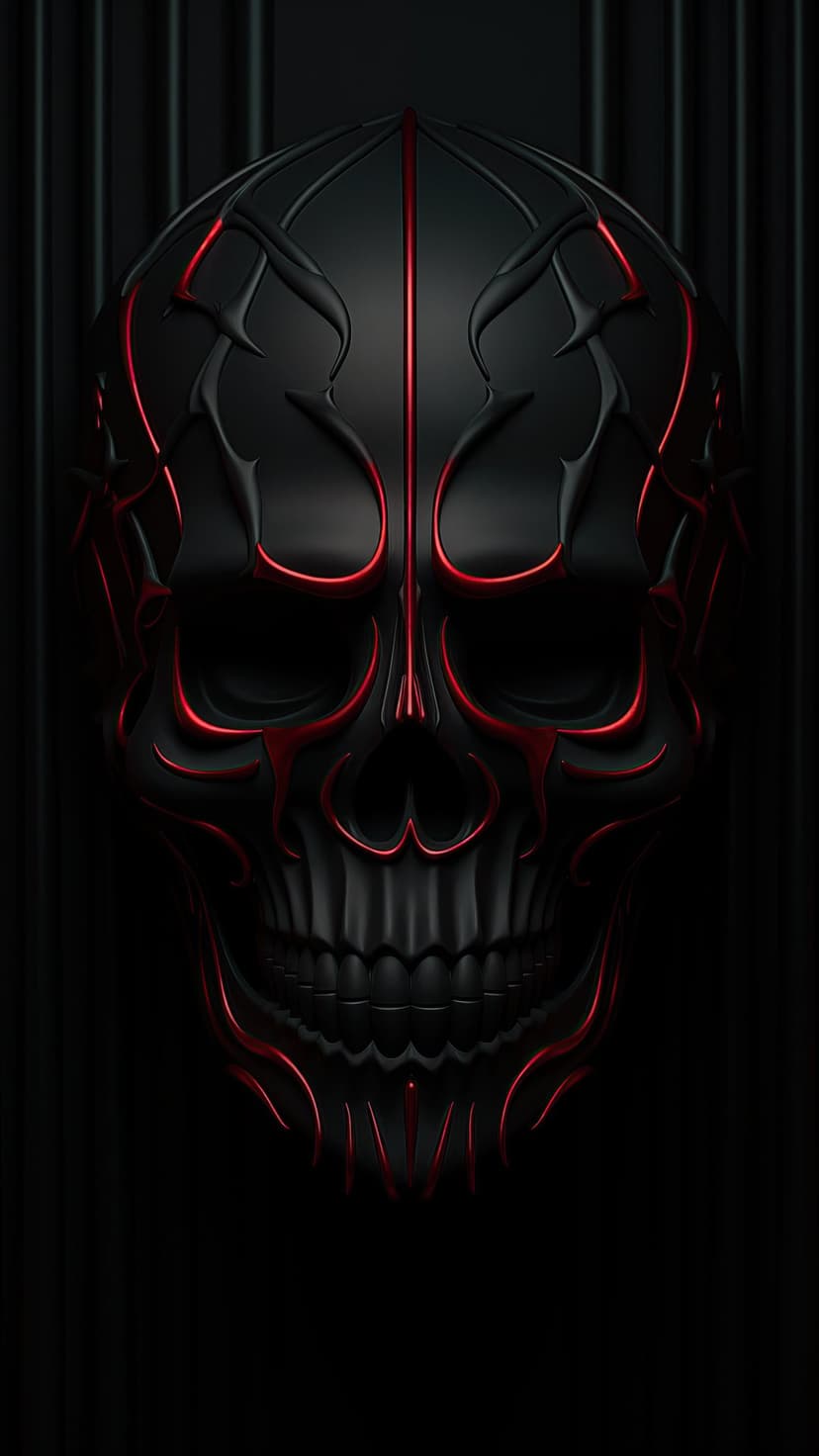 Chiseled black skull with glowing red light emitting from cracks and eye sockets against a dark ribbed background.