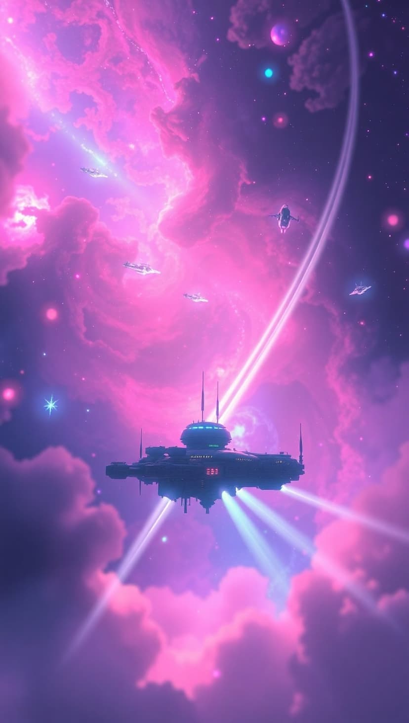 Futuristic spaceships emit glowing light beams while cruising through a swirling pink and purple cosmic nebula.