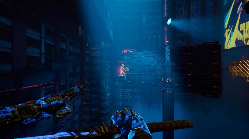 Robotic hands holding a glowing sword in a deep blue cyberpunk city alley with industrial neon lighting.