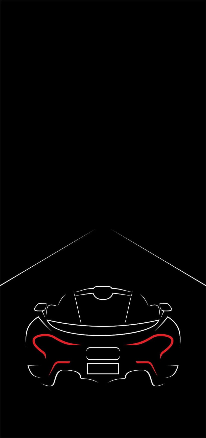 White sports car rear silhouette in minimalist line art with red accents against a deep black background.