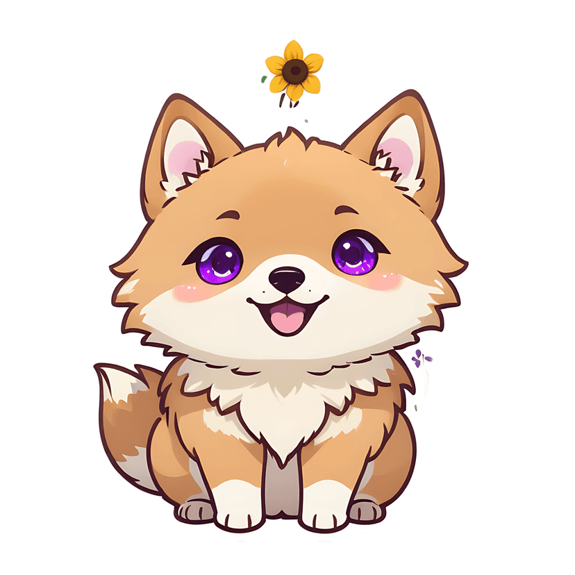 Orange fox sticker illustration with a yellow sunflower on its head, featuring fluffy fur and purple eyes.