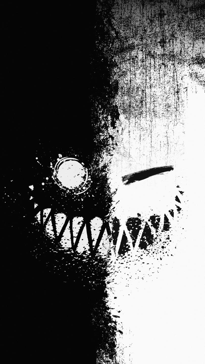Split face with a dark textured left side, jagged teeth, and a minimalist white side with a single eye stroke.