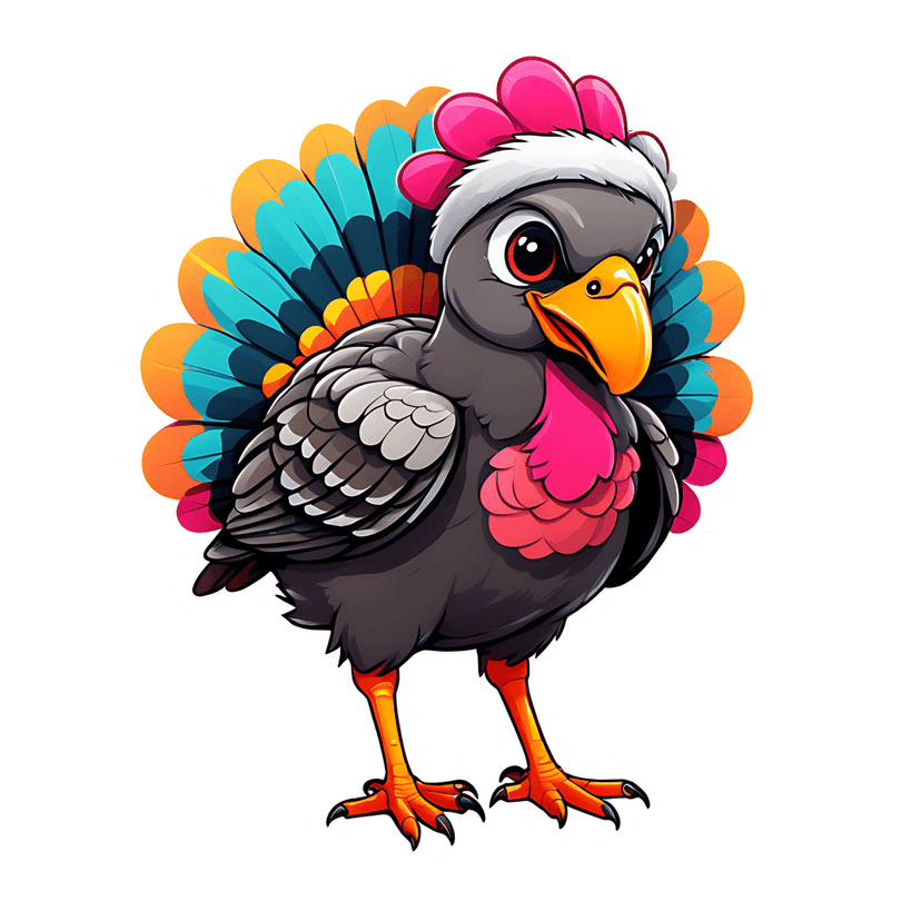 Charcoal turkey character featuring vibrant orange teal tail feathers and white fluffy hat on a front view pose.