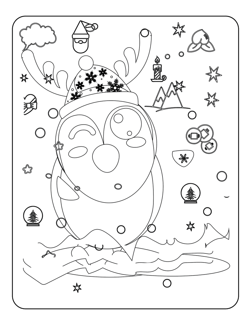 Christmas penguin coloring page with Santa hat, antlers, snowflakes, a candle, and snow globe in line art.