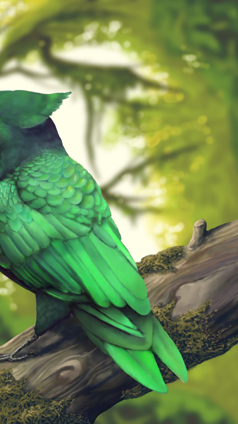 Emerald green bird with shimmering feathers perched on a moss-covered branch in a sun-drenched forest background.