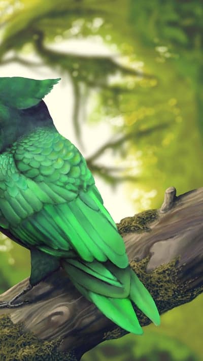 Vibrant Green Bird Perched on Mossy Branch in Forest