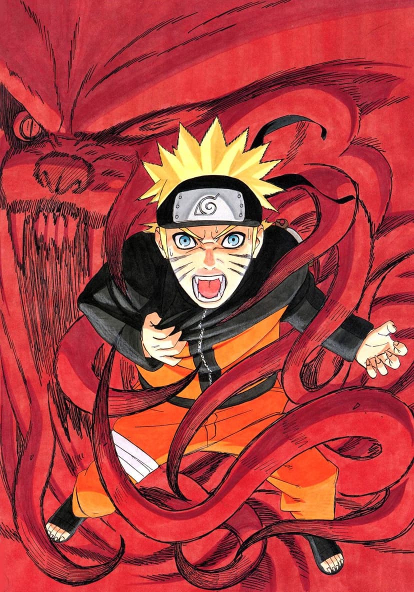 Naruto Uzumaki stands with glowing red chakra tails, yellow sage eyes, and whisker marks against a red backdrop.
