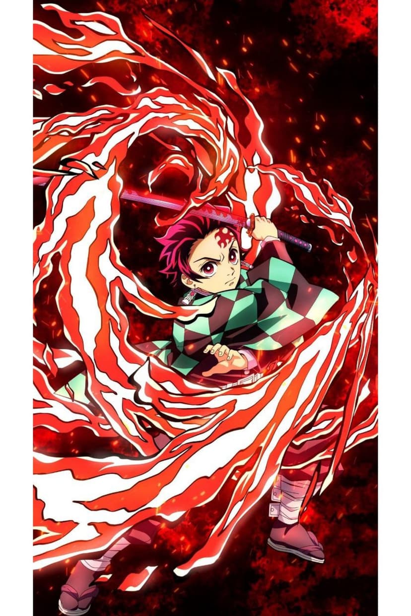 Tanjiro Kamado wields a sword enveloped in swirling red and white fire against a dark, ember-speckled background.