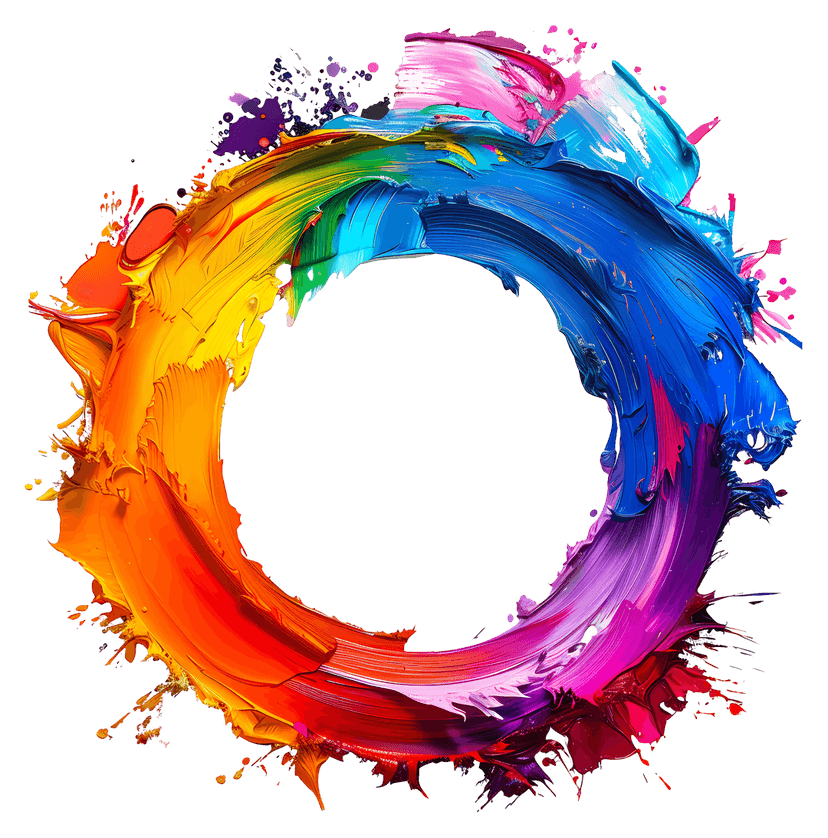 Multicolor paint circle frame features thick impasto swirls of red blue and yellow with heavy acrylic textures.
