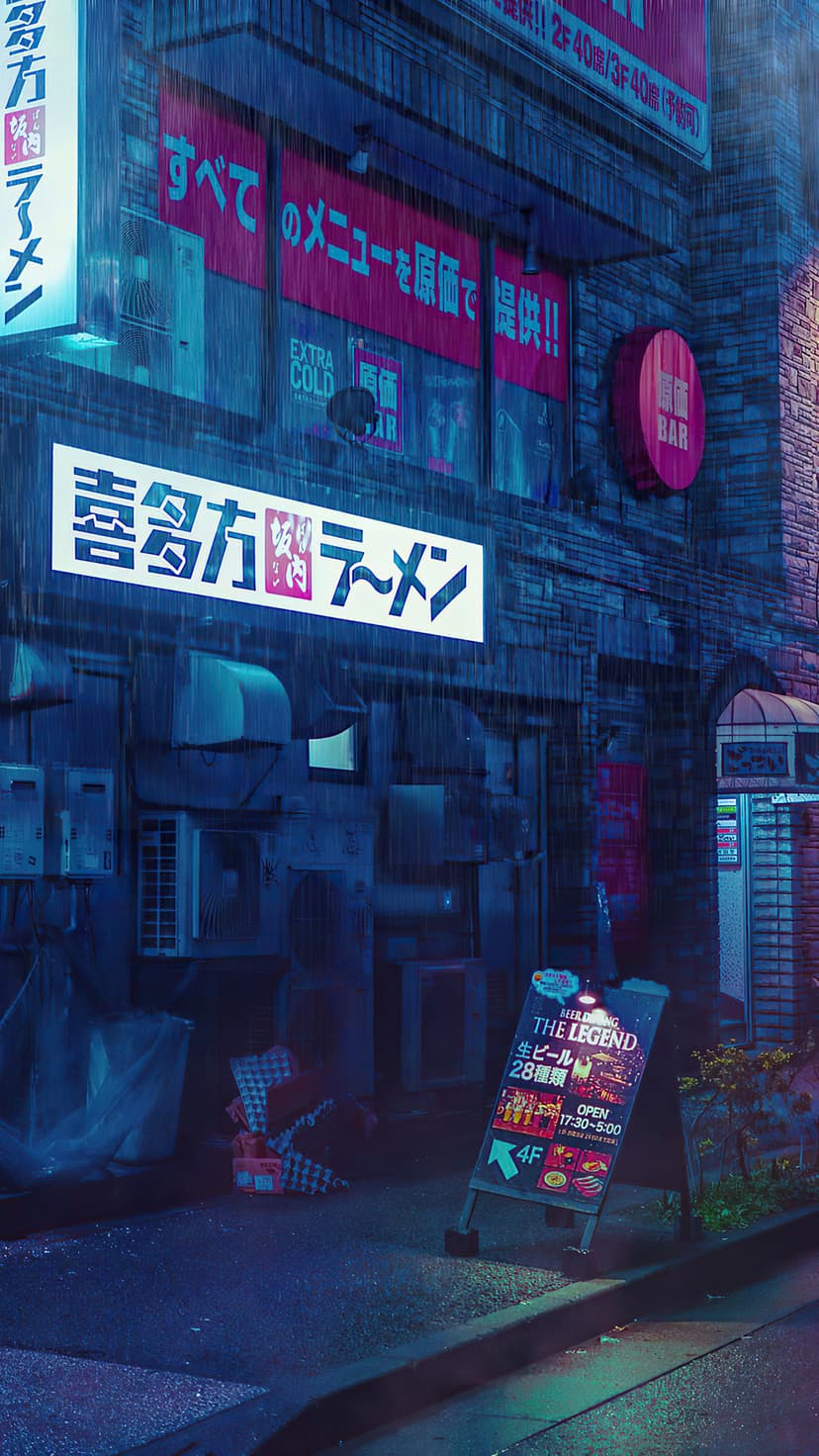 Neon-lit ramen shop signs reflecting on a rainy city street with an A-frame bar sign on a wet sidewalk.