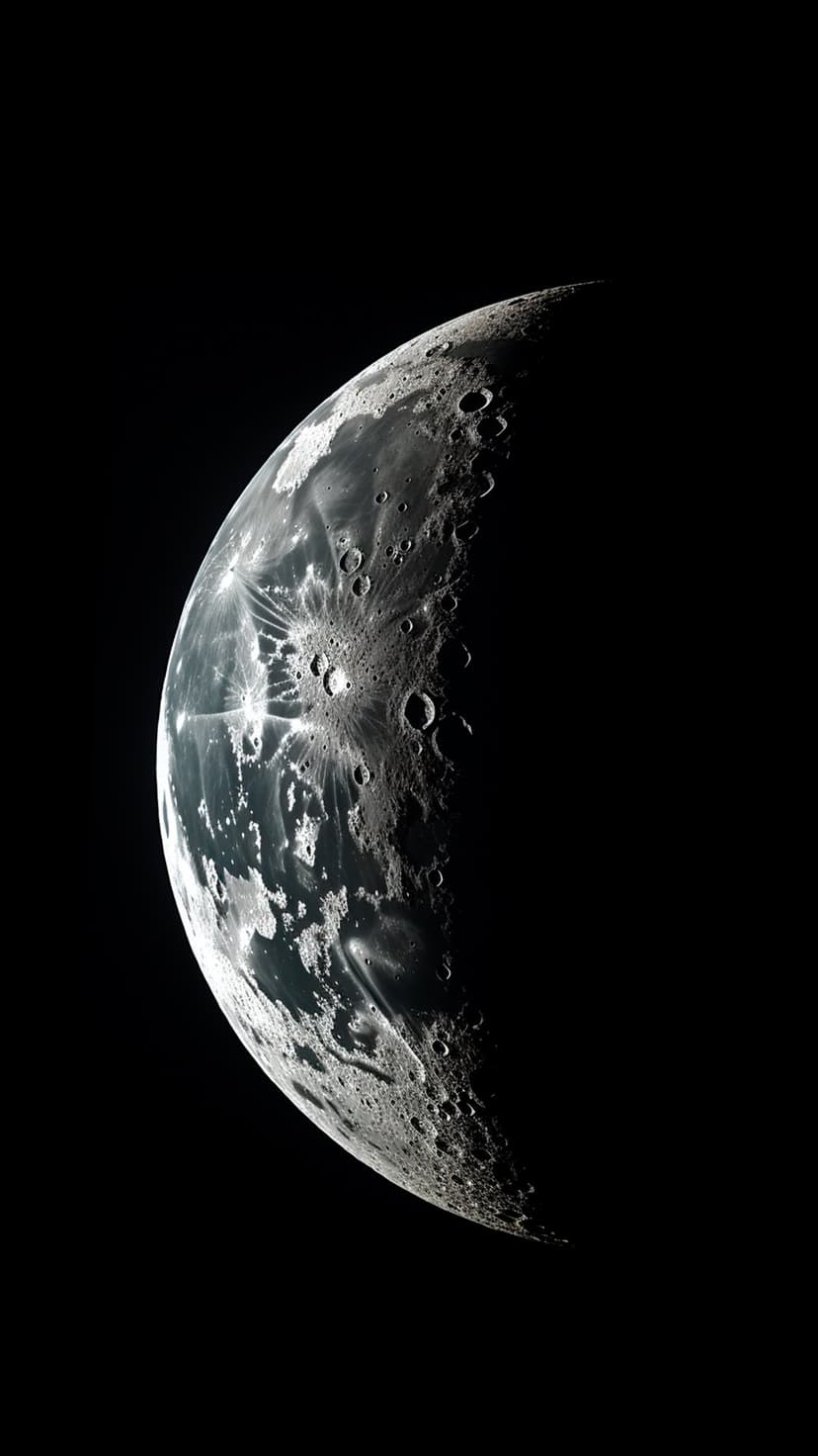 Lunar crescent surface with visible impact craters and light rays positioned against a pitch black sky.