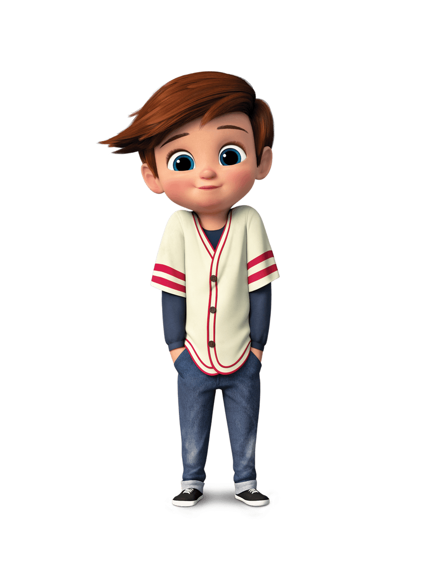 Brown-haired boy in a cream and red varsity jacket with hands in pockets against a plain background.