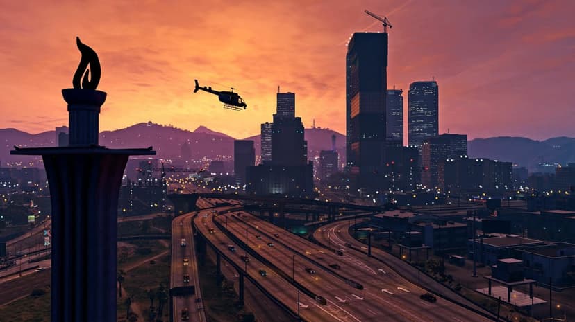 City skyline at sunset with a helicopter flying over highways and illuminated skyscrapers in Los Santos.