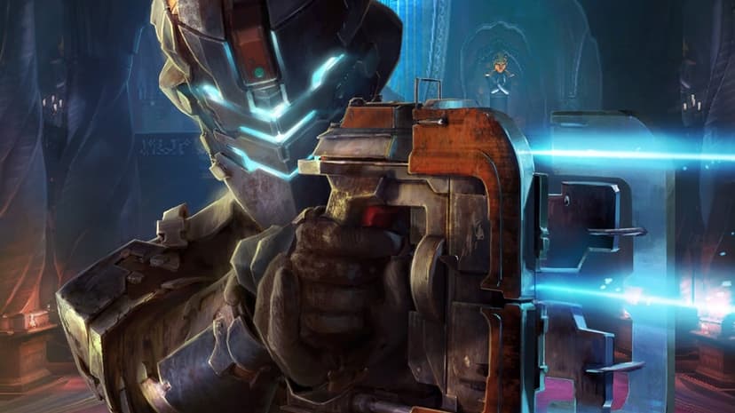 Isaac Clarke in glowing armor aims a rusted Plasma Cutter with three blue beams in a dark sci-fi corridor.