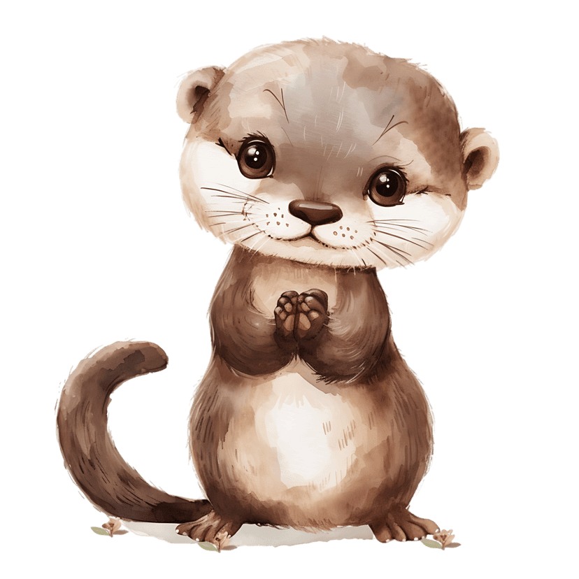 Watercolor otter sitting with paws pressed together against a black background showing soft brown fur textures.