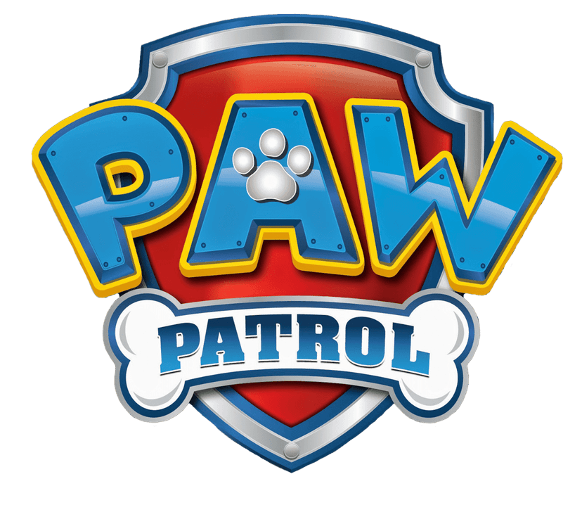 PAW Patrol logo emblem featuring a blue shield, red banner, and silver frame with a central white bone icon.