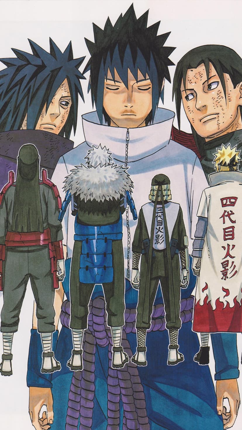 Hashirama, Madara, Sasuke, and the Hokage stand together in battle armor with a dramatic, glowing background.