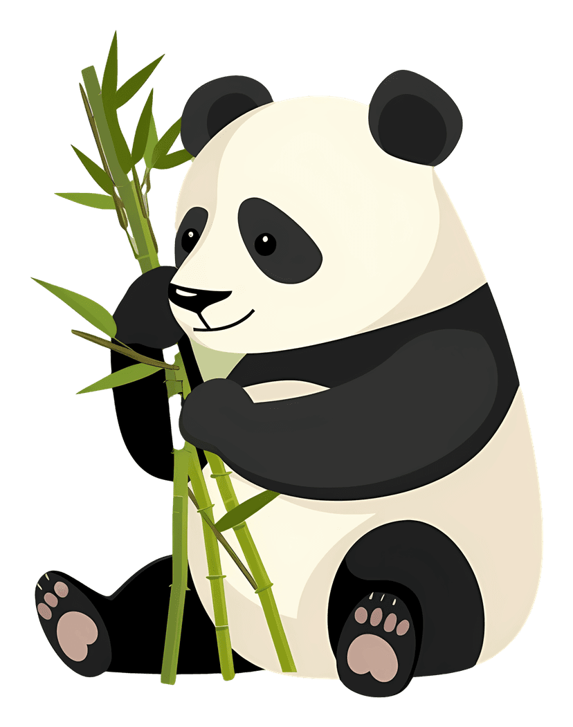 Giant panda bear sitting and holding green bamboo stalks in a flat cartoon style with clean black outlines.