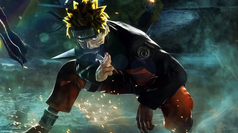 Naruto Uzumaki in a crouched fighting stance with spiky yellow hair, orange clothing, and a smoky backdrop.