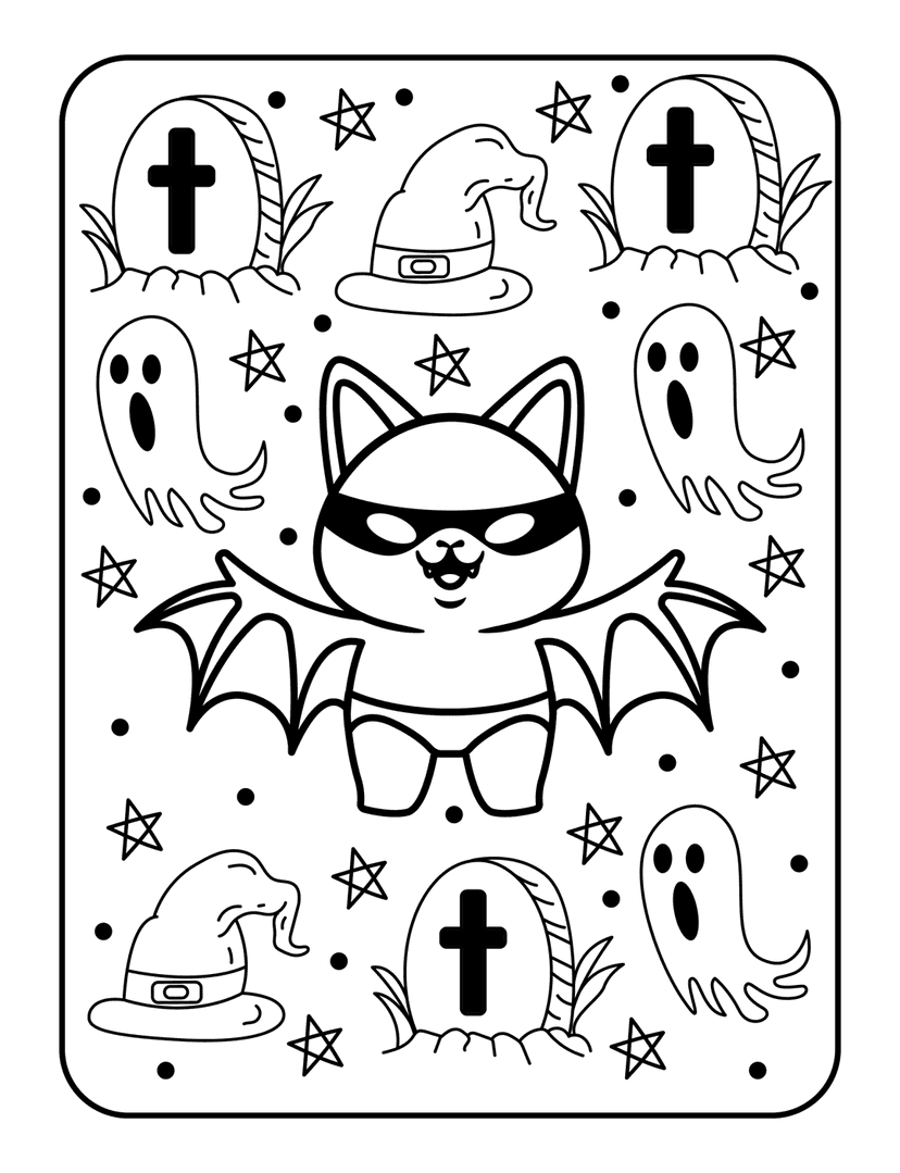 Halloween coloring page showing a bat superhero among ghosts tombstones and witch hats in black outline.