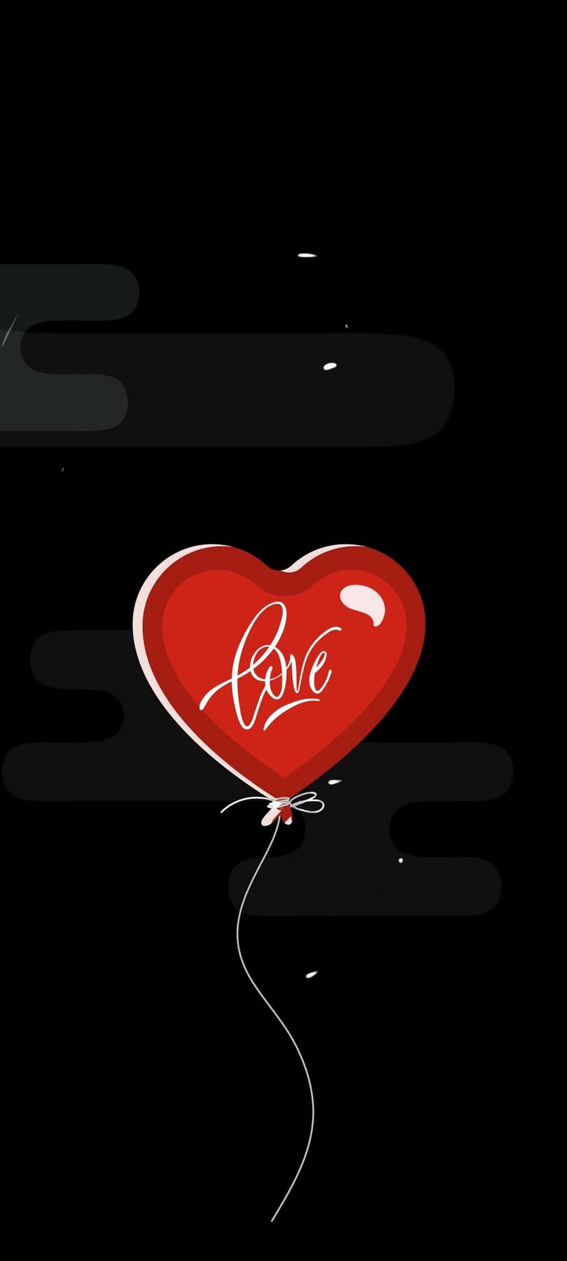 Red heart balloon with white Love lettering floating against a dark background with subtle wispy textures.