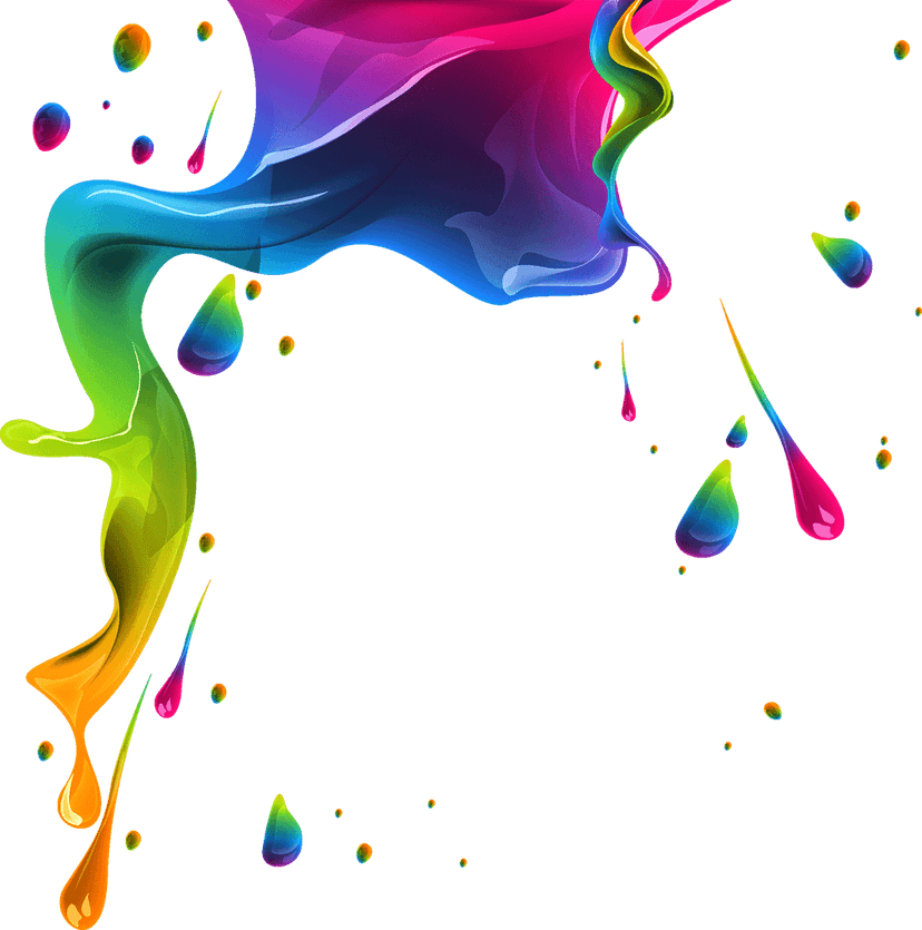 Multicolored paint splash illustration showing liquid pigment splatters with watercolor textures and ink drips.