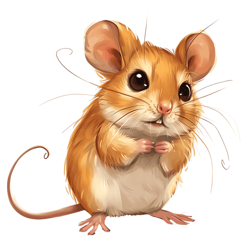 Mouse digital illustration with golden brown fur, large dark eyes, and long whiskers sitting in a front pose.