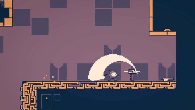 Small pixel art robot swinging a white energy blade on an orange pipe platform against a purple background.