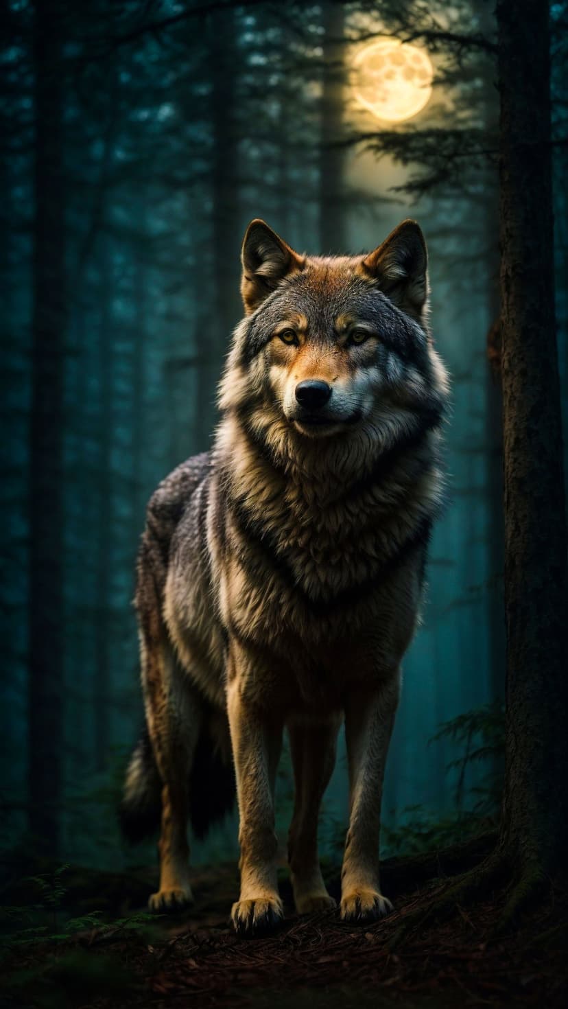 Silver wolf stands among dark trees under a bright full moon in a misty, ethereal nighttime forest landscape.