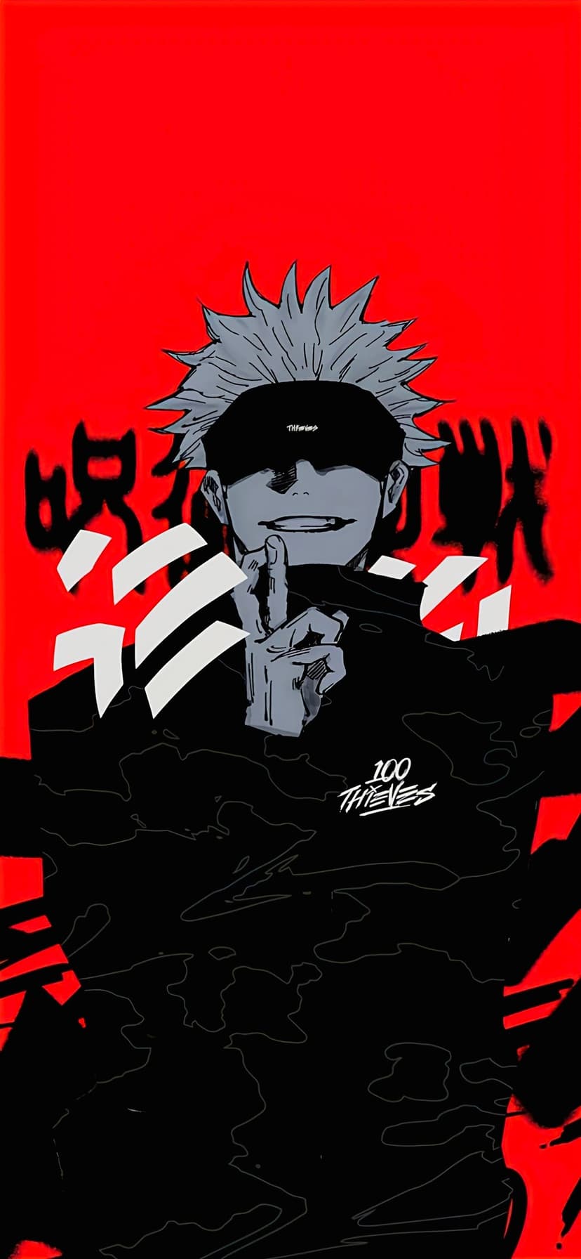Gojo Satoru wears a blindfold and black jacket against a red background with a 100 Thieves logo for phone screens.