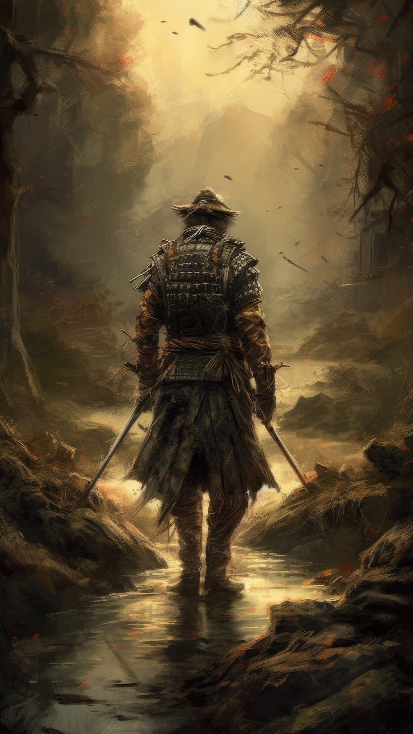 Samurai warrior in a straw hat stands in a misty forest stream holding a katana, facing away from the viewer.
