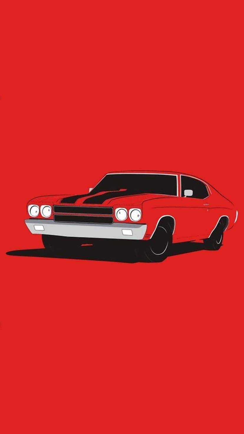 Red classic muscle car featuring dual black racing stripes and chrome accents on a flat red backdrop.