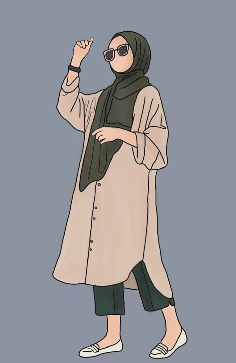 Young woman wearing a dark green hijab, beige tunic, and sunglasses stands against a plain background.