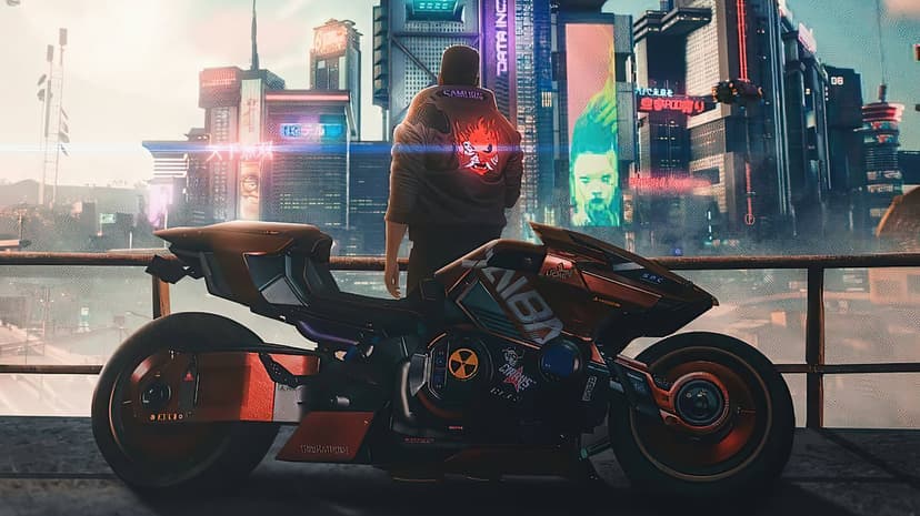 Character in a Samurai jacket stands by a futuristic motorcycle overlooking a neon city skyline with billboards.