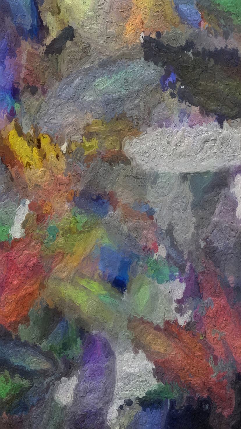 Thick oil paint textures in red, yellow, and blue swirl together with heavy impasto brushstrokes and shadows.
