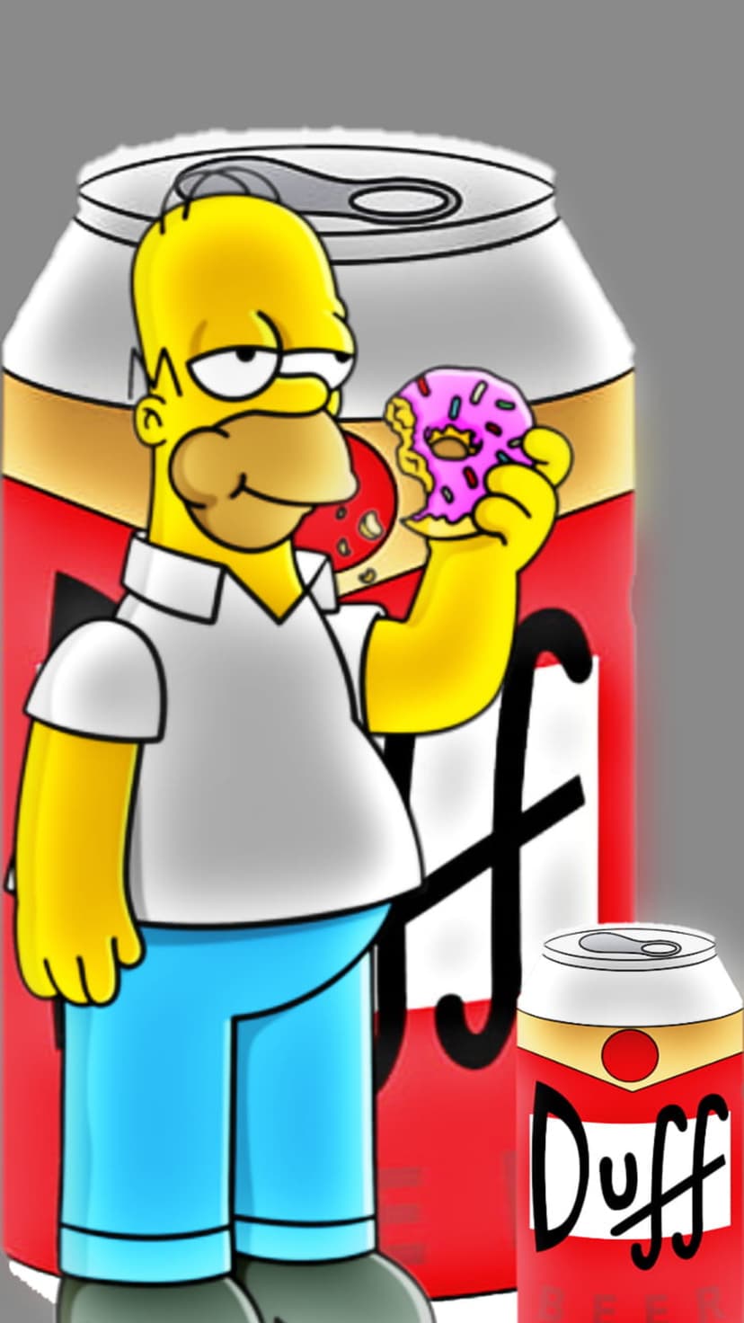 Homer Simpson stands next to giant Duff Beer cans while holding a pink frosted donut with rainbow sprinkles.