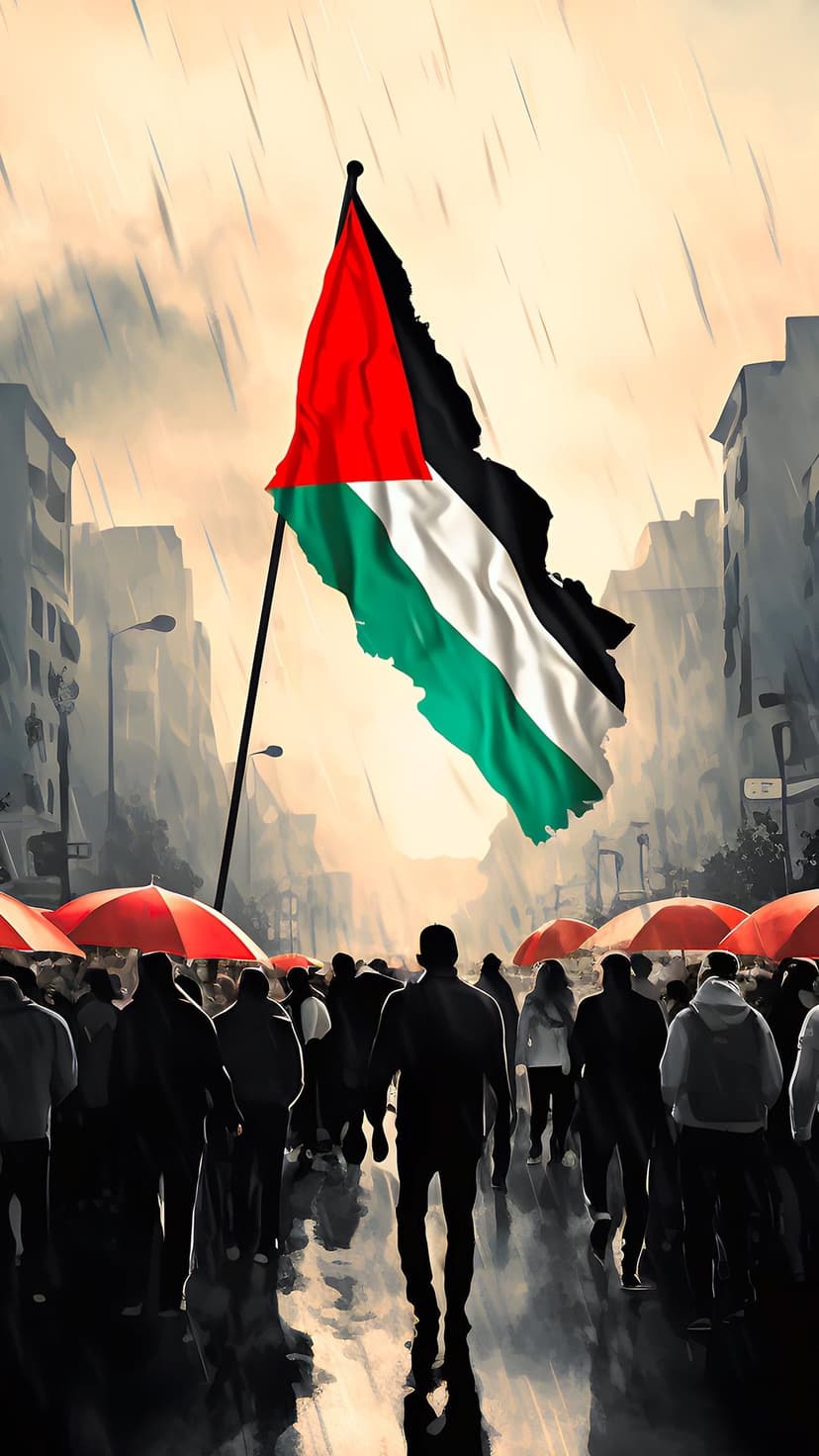 Palestinian flag waving over a crowd holding red umbrellas on a rainy urban street during a demonstration.