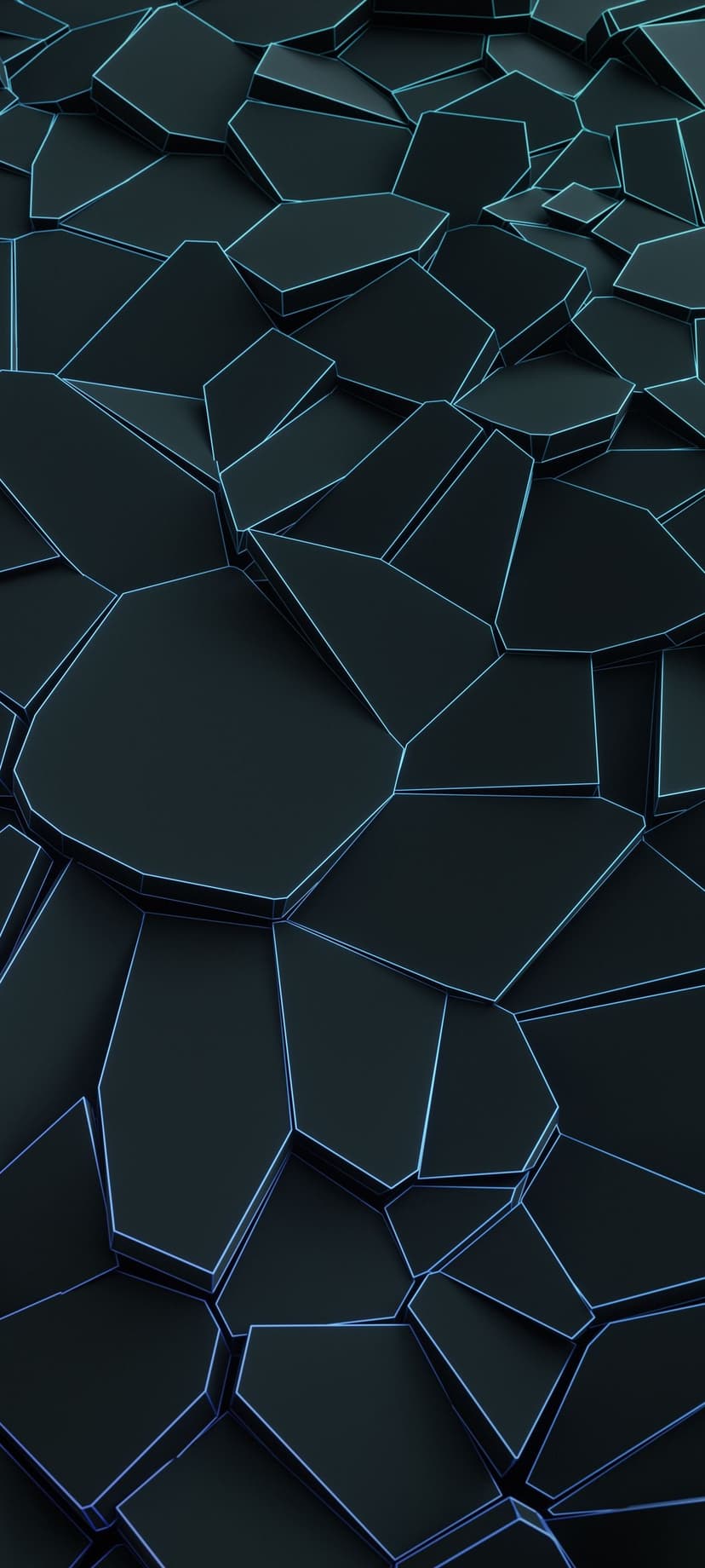 Interlocking dark geometric polygons outlined in vibrant neon blue with realistic shadow and depth effects.