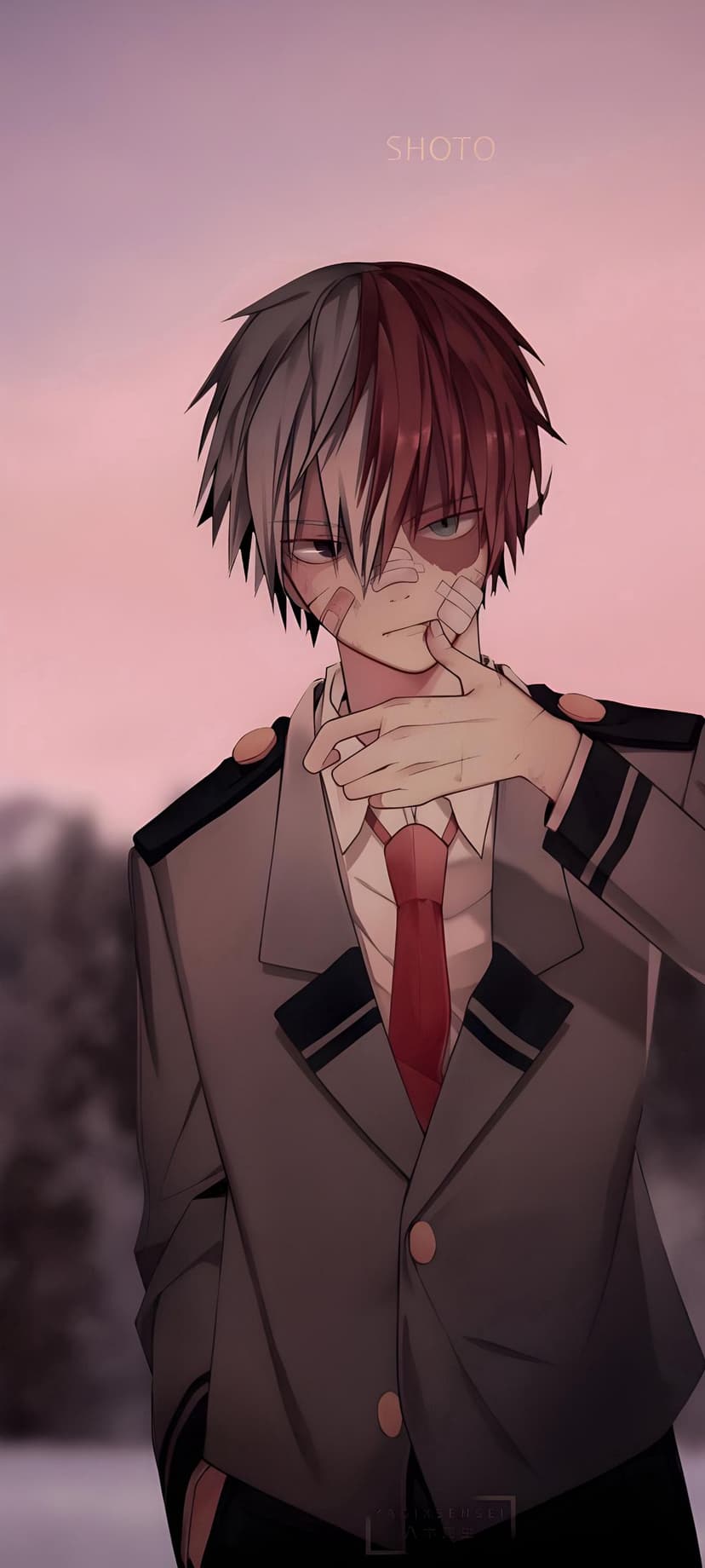 Shoto Todoroki with facial bandages and a grey school uniform stands before a soft pink and purple pastel sky.